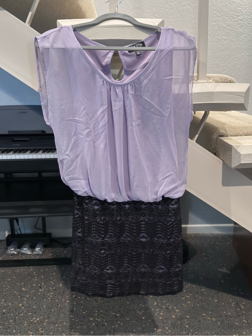 Love Reign Lavender & Black Lace Blouson Mini Dress Keyhole Back Cutout Size M